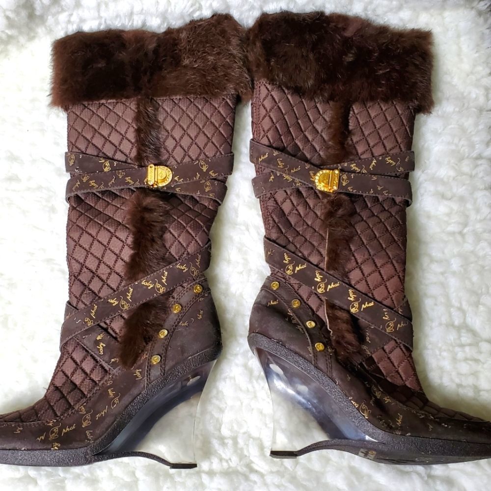 Baby Phat Tall Rabbit Fur Boots Size 9 Brown